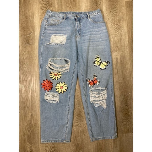 Shein Curve Pants Distressed Denim‎ Blue Ripped Knees Flower Butterfly Pockets - Picture 2 of 9